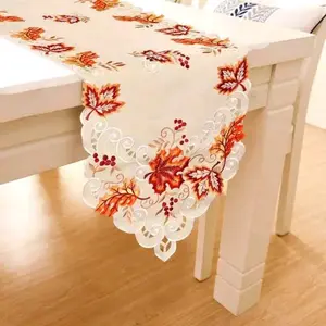 Elegant Embroidered Fall Leaves Table Runner and 4 Doily Table Mats Set 15" x 57"