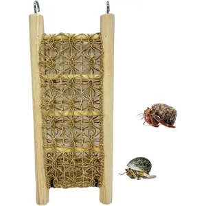 1 Pcs Hermit Crabs Climbing Wooden Ladder Bridge with Hooks Small Animals Climbing Toy with Rope for Hermit Crabs Chameleon Lizards Reptile Bird Parrot