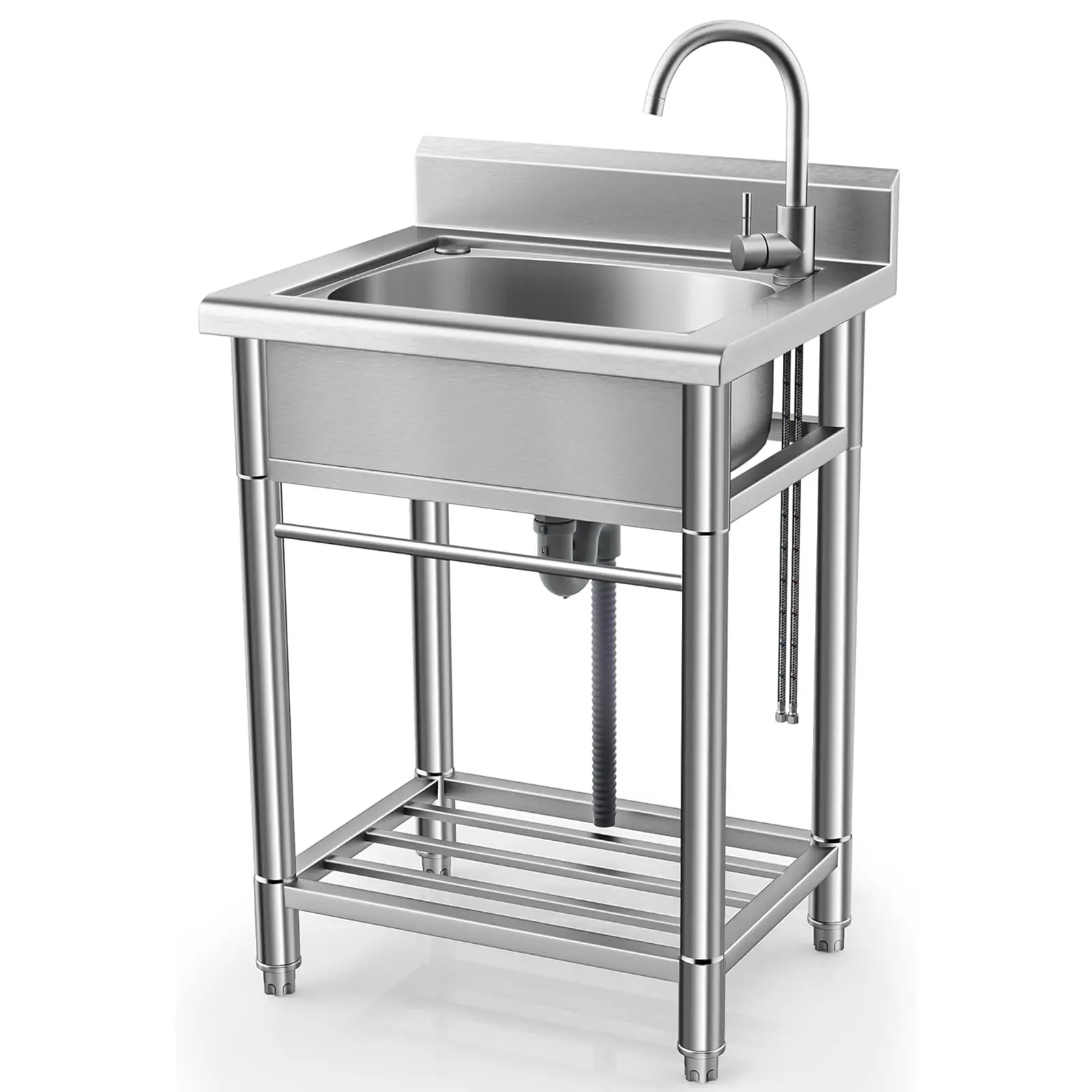 Commercial Stainless Steel Utility Basin - Freestanding Single Bowl with Hot & Cold Faucet - Rust Resistant, Easy to Clean, Appropriate for Restaurant, Kitchen, Garage, Garden, Bathroom