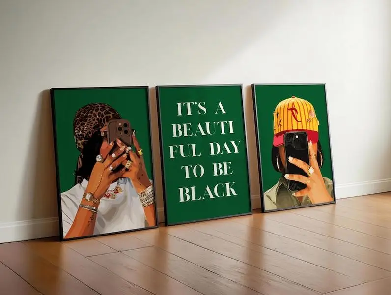 (Set of 3) Emerald Green Black Girl Art Prints: Trendy Dorm Décor Poster #41899