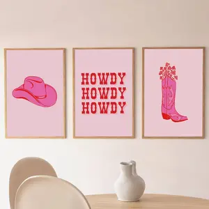 Howdy Set of 3 Pink western prints no frame, Printable Wall Art, Cowgirl Boots, Pink Preppy Wall decor, Boho illustration, Nash, Gift for her  pink decor,