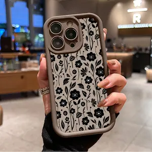 Black Vintage Floral Pattern Phone Case for iPhone 16 15 14 Pro Max 13 12 11 XR XS Plus Shockproof Drop Protection Rugged Durable Silicone Cover