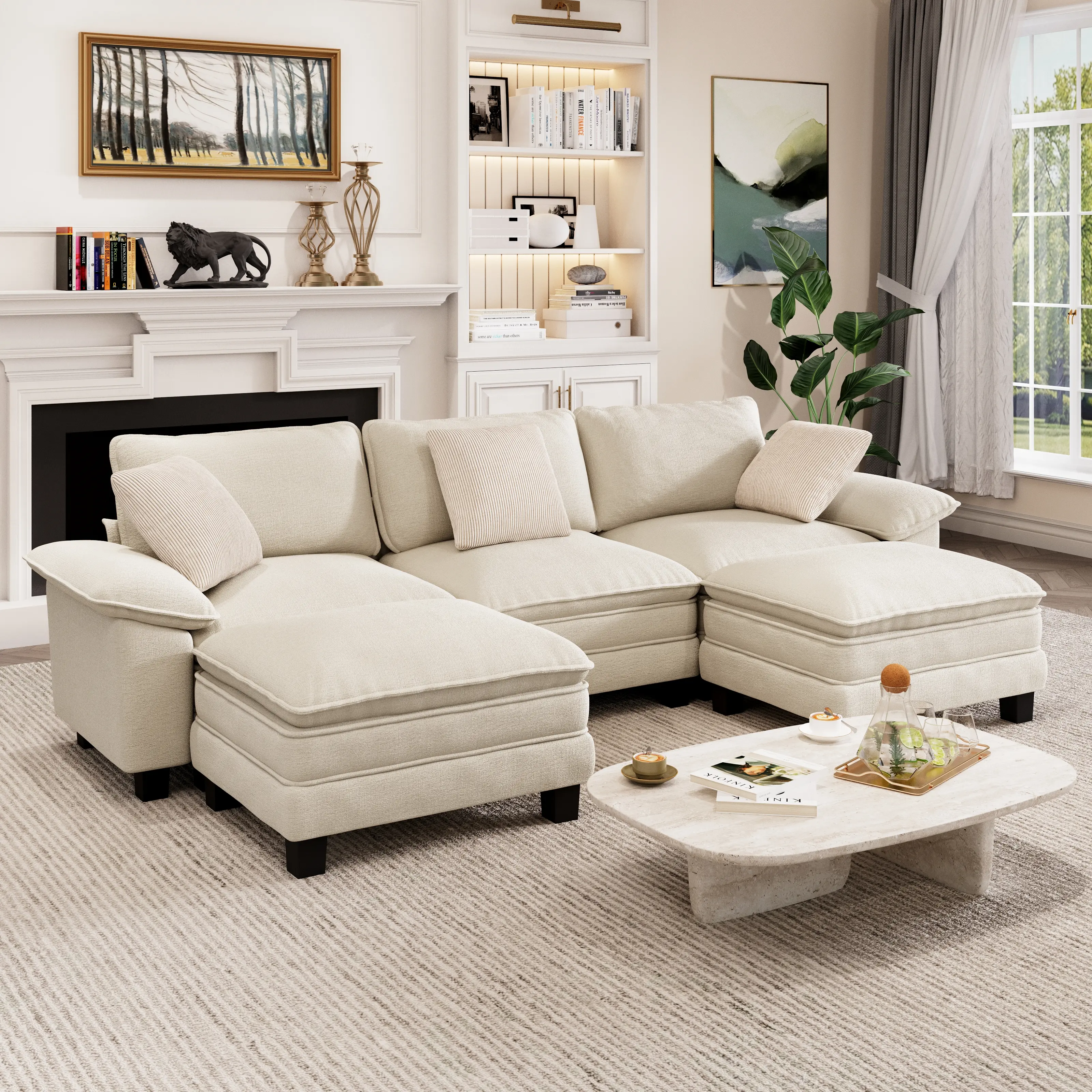 PHIVILLA 123.6" U Shaped Couch, Modular Sectional Sofa with Ottoman, 5-Seat Corduroy/Chenille Comfy Cloud Couch with Pillow for Living Room, Bedroom and Apartment, Father's Day Gift