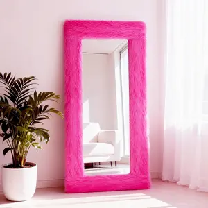 Fluffy Full Length Mirror Cover Universal Ultra Soft Non-Slip Border with Adhesive Tape Pink Fuzzy Frame Decor for Standing Mirror Bedroom Cloakroom Home Decor Women Gifts (vibrant pink, 59x16 inches)