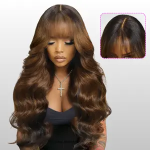 UNice Ombre Dark Brown Loose Wave Wig with Bangs 13x4 HD Lace Front Human Hair Wigs Natural Scalp Beginners Friendly