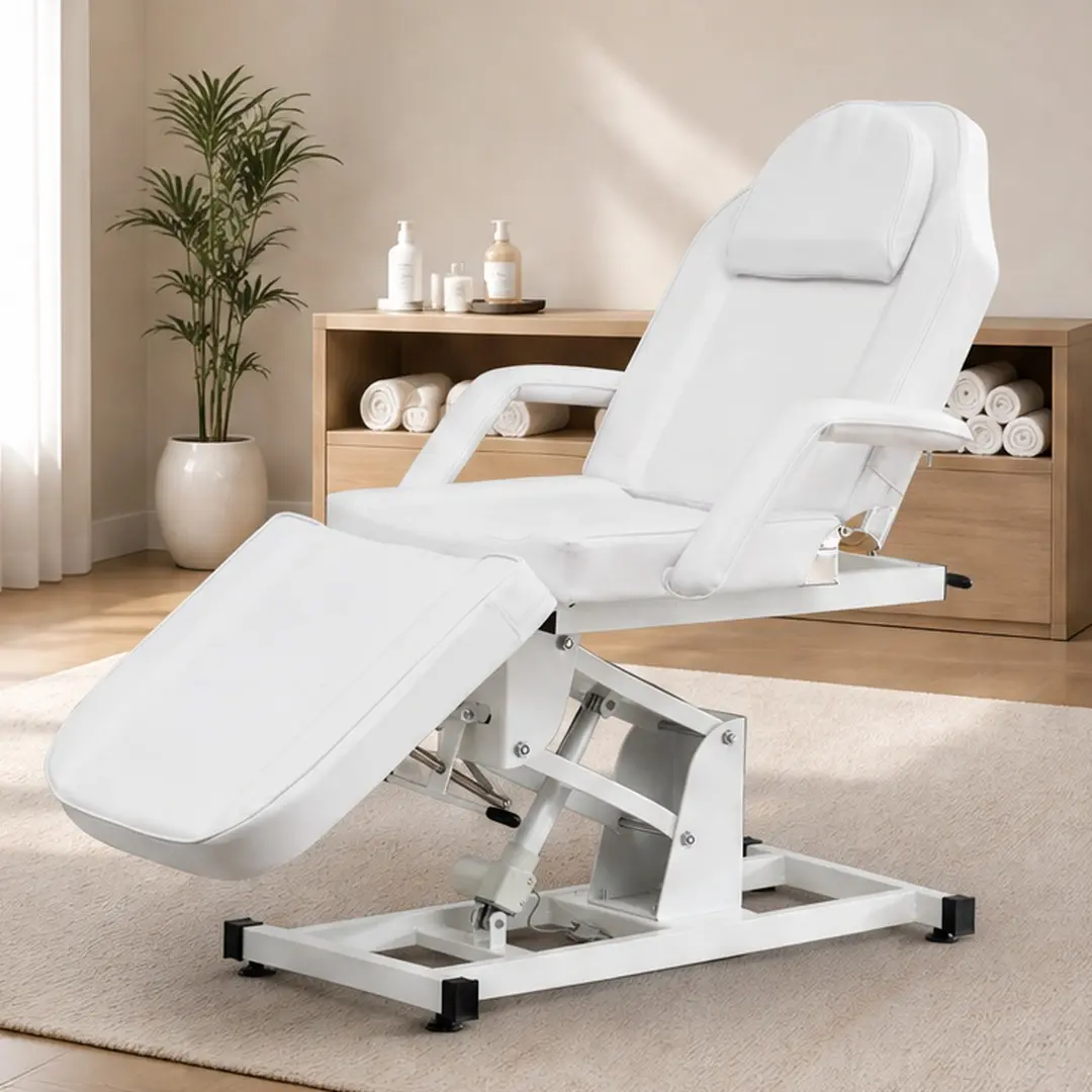 Electric Folding Salon Bed - Heavy Duty 440LBS Metal Skeleton Bed with Remote Control, Adjustable Height, PU Leather, Removable Armrests/Headrest, 72.4x33x27.5in White Metal Frame for Spa Tattoo Use, Metal Skeleton Beds