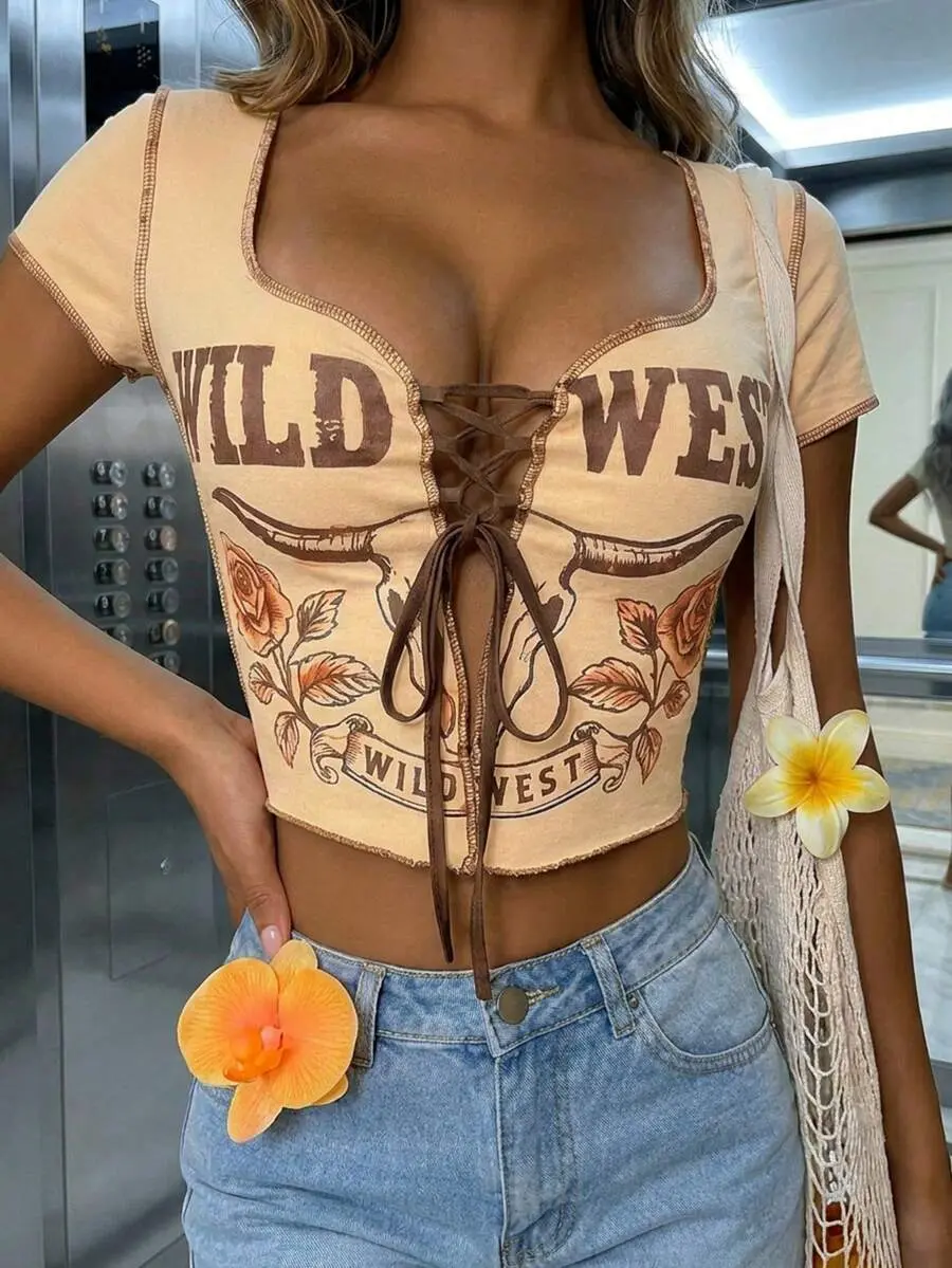 Summer Outfit Casual Western Print Sweetheart Exposed Seam Lace Up Slim Fit Cropped T-Shirt for Trendy Streetwear Spring Tops Daily Wear