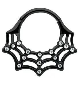 Black PVD Spiderweb Clear CZ Stainless Steel Hinged Segment Ring