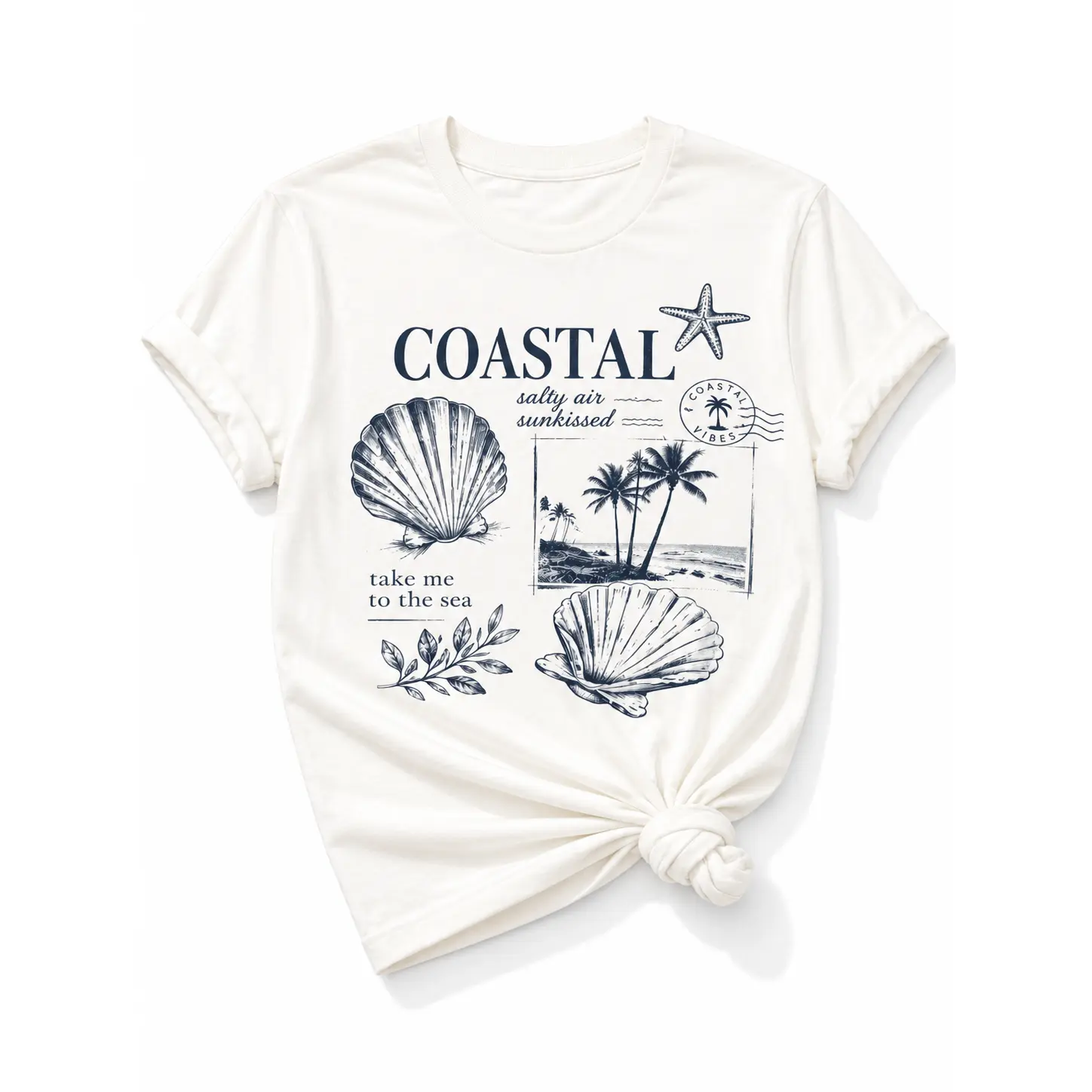 Plus/Reg Short Sleeve Coastal Vibes Shells and Palm Trees Graphic Tee