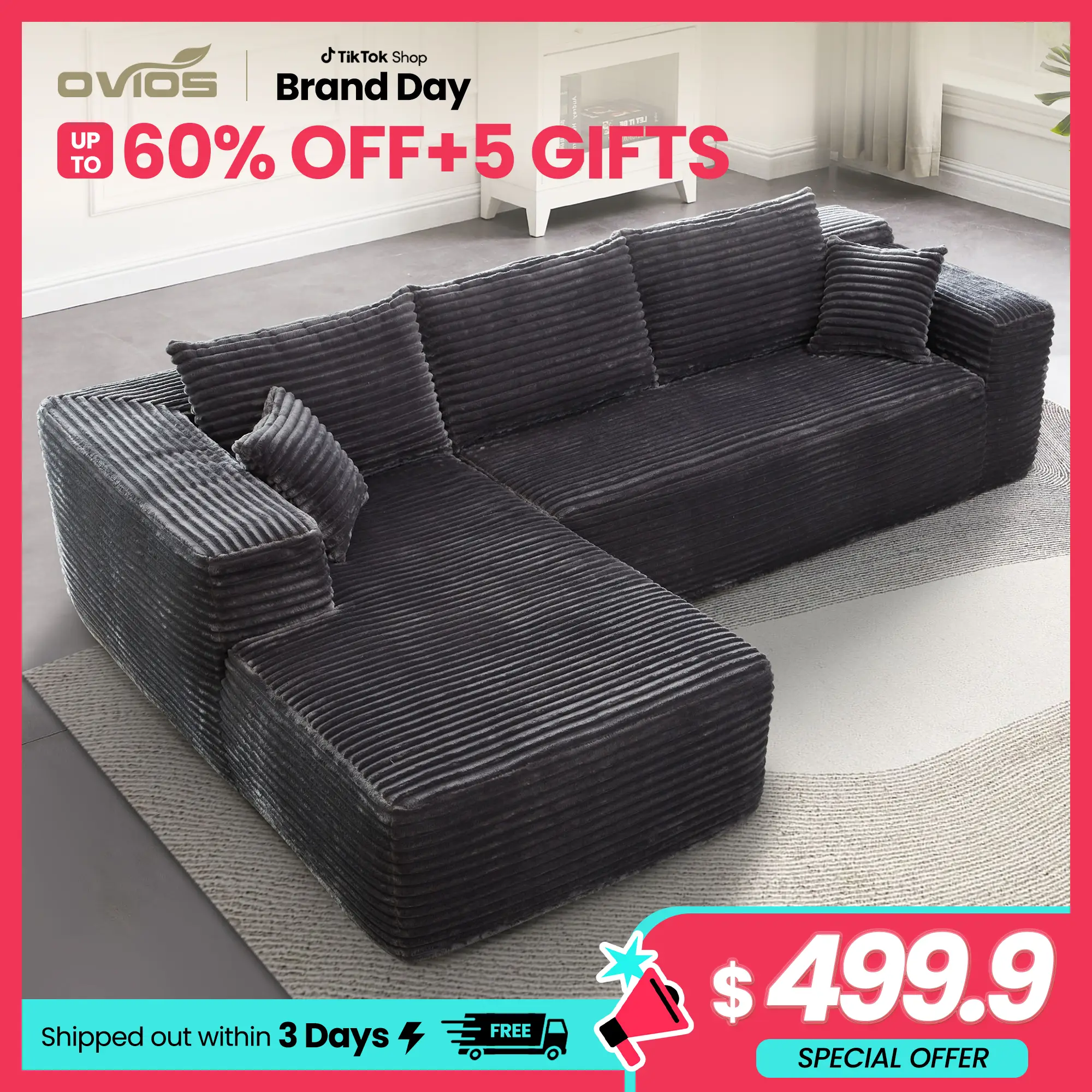 【2 Packages Shipping】Ovios 104" Plush Corduroy Cloud Velvet Modular Couch with Chaise & Ottoman, No Assembly Required - L/U-Shaped Sectional Sofa Set
