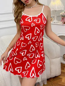 Fashionable Heart Print Nightgown for Women, Cute Casual Sleepwear Set, Elegant Round Neck Ruffle Design, Perfect Birthday Gift for Teen Girls