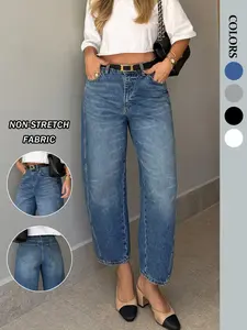 NVFelix Blue Barrel Jeans for Women, Casual Everyday Loose Fit Conical Pants, Elegant Four-Season Denim, Button Fly, Ankle Length, Natural Waist