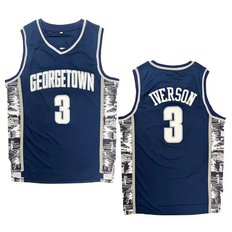 Men's Georgetown Hoyas #3 Iverson Sewn Embroidery High-Quality Cotton Mesh Breathable Hip Hop Jersey Shirts - 2025 Retro Gym Tops, Personalized & Customized Apparel for Outdoor Training, Large Size Professional Sports Clothing, Customized Jersey