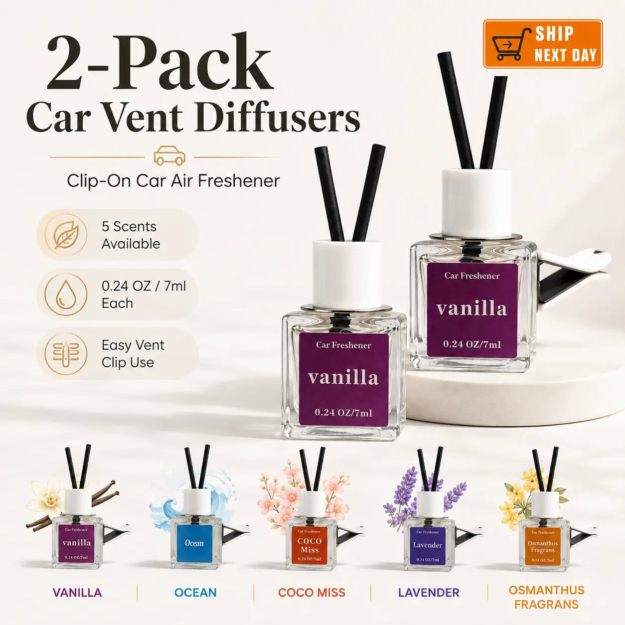 2-Pack Pre-Filled Clip-On Car Vent Air Fresheners, 7ml Each, Glass Bottle Diffusers with Black Sticks for Cars, SUVs and Trucks