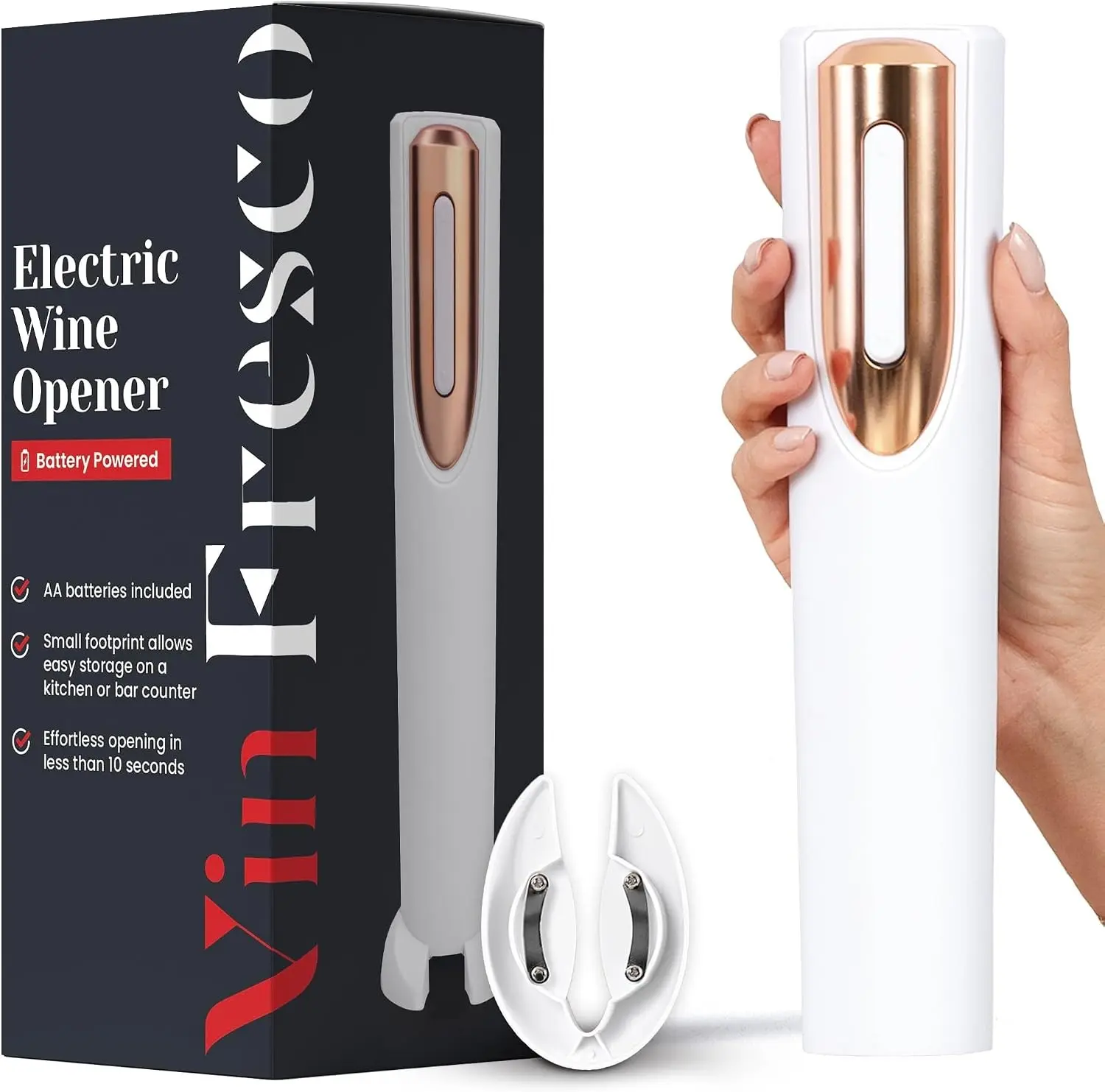 Electric Wine Opener Battery Operated with Stand and Built-in Foil Cutter - Automatic Wine Opener - Electric Corkscrew for Easy Cork Removal - Best Gift for Wine Lover (White & Rose Gold) Gift