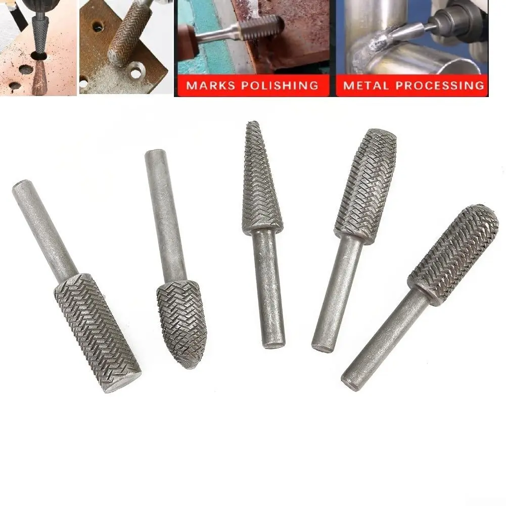 5Pcs Tungsten Steel Carbide Rotary Burr Set, 1/4inch Shank Rotary Rasp, Steel Cutter Drill Bits for Milling Filing Shaping of All Steels, Enlarging Holes, Grinding Areas, Creating Shapes