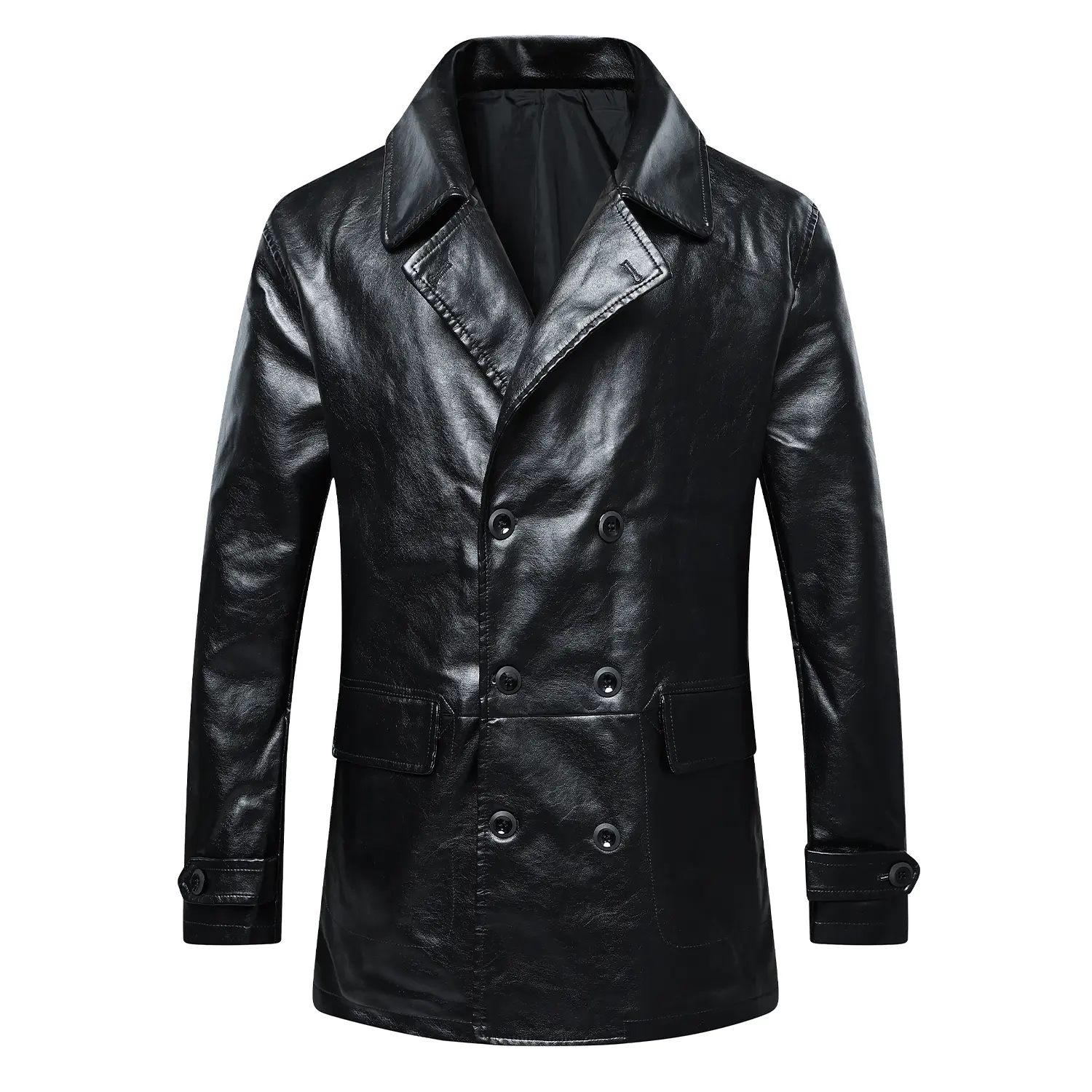 Men's Classical Fitted Cut Polyurethane Faux Leather Double-Breasted Coat - Long Sleeve Notch Lapel Trench Jacket with Flap Pockets, Button Fasten for Business Wear Fall Winter