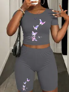 Pattern print Two-Piece Set Women's Lip Print Short Sleeve Crop Top & Skinny Jumpsuit, Casual Fashion Cozy Round Neck Tee & Jumpsuit for Daily Outdoor Wear, Ladies Clothes for Spring, Overalls, Fit Everyday