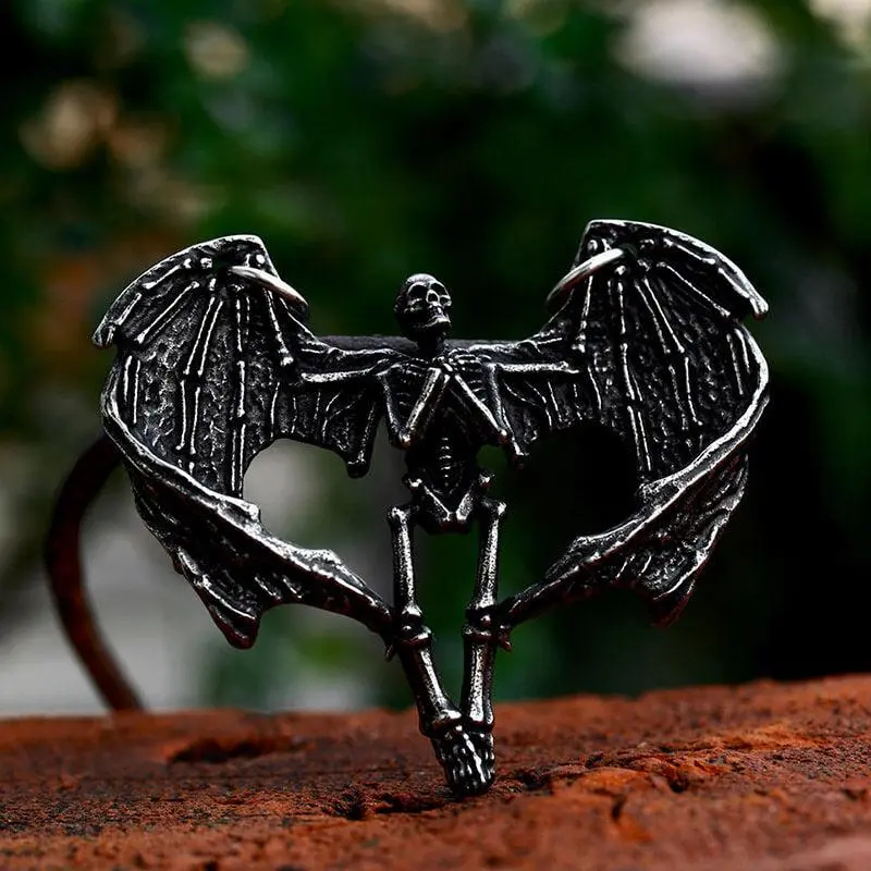 GTHIC Unisex Stainless Steel Heart Shape Skeleton Skull Edgy Gothic Wing Pendant, Mother's Day Gift Jewelry Charm, Edgy Pendant, Gothic Pendant