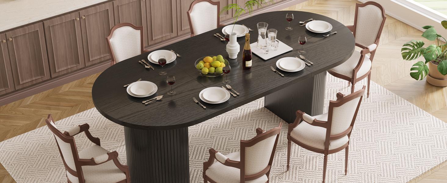 ONBRILL 70.8 Inch Dining Table for 4-6, Oval Dining Room Table with Curved Fluted Wood Strip Base, Mid-Century Modern Kitchen Tables with Footpads, Dinner Tables for Living Room, Dining Room ONBRILL 70.8 Inch Dining Table for 4-6, Oval Dining Room Table with Curved Fluted Wood Strip Base, Mid-Century Modern Kitchen Tables with Footpads, Dinner Tables for Living Room, Dining Room