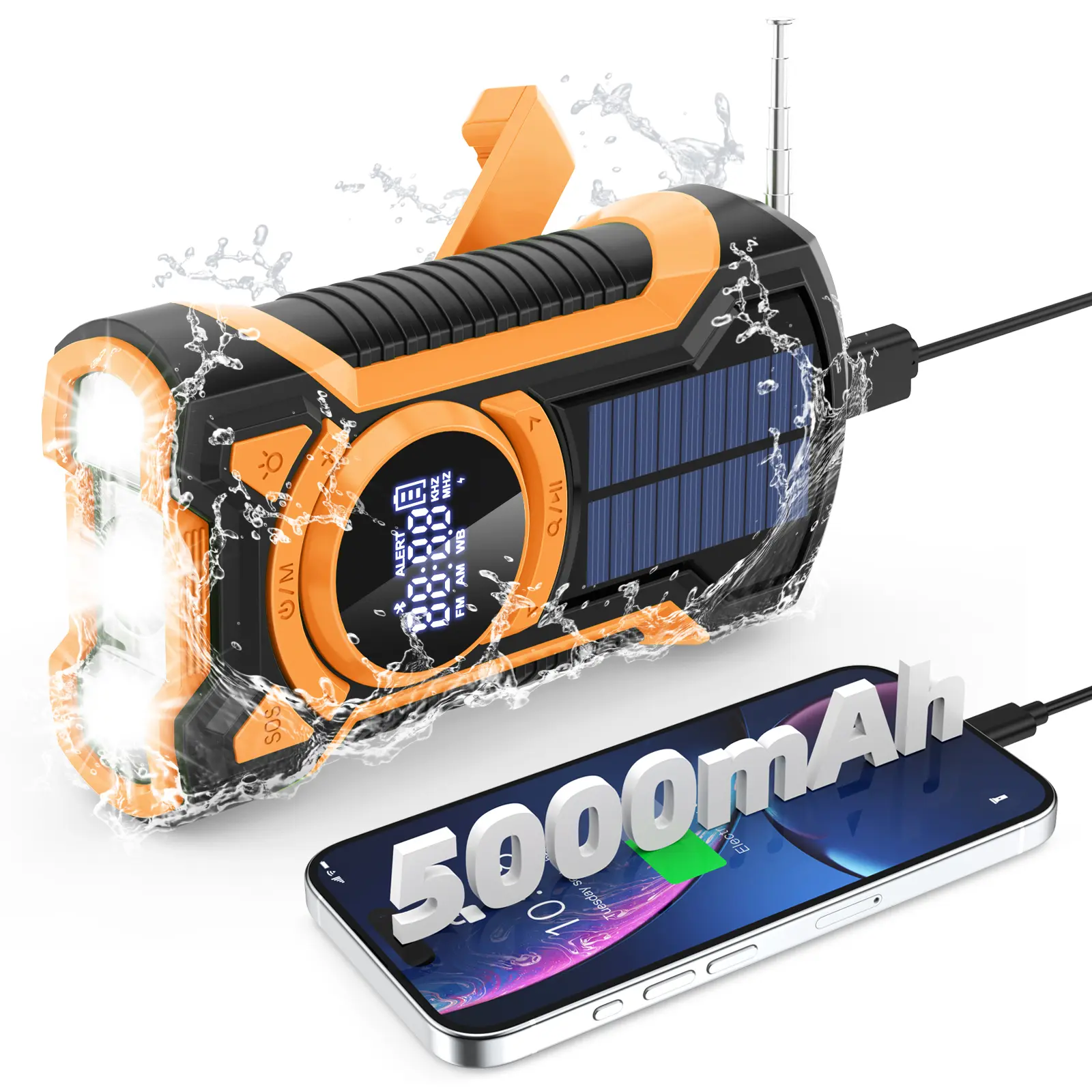 IPX65 Waterproof Emergency Weather Radio, Bluetooth Portable AM/FM/NOAA Hand Crank Radio Solar Charging, with Flashlight and Power Bank 5000mAh Cell Phone charger, USB or Battery Powered Radio with SOS Alarm cable hand crank charger