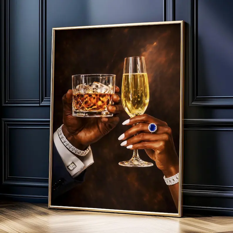 Couples Cocktail Art Whiskey Champagne Cheers Print, Modern Bar Cart Decor, His and Her Drinks Wall Art