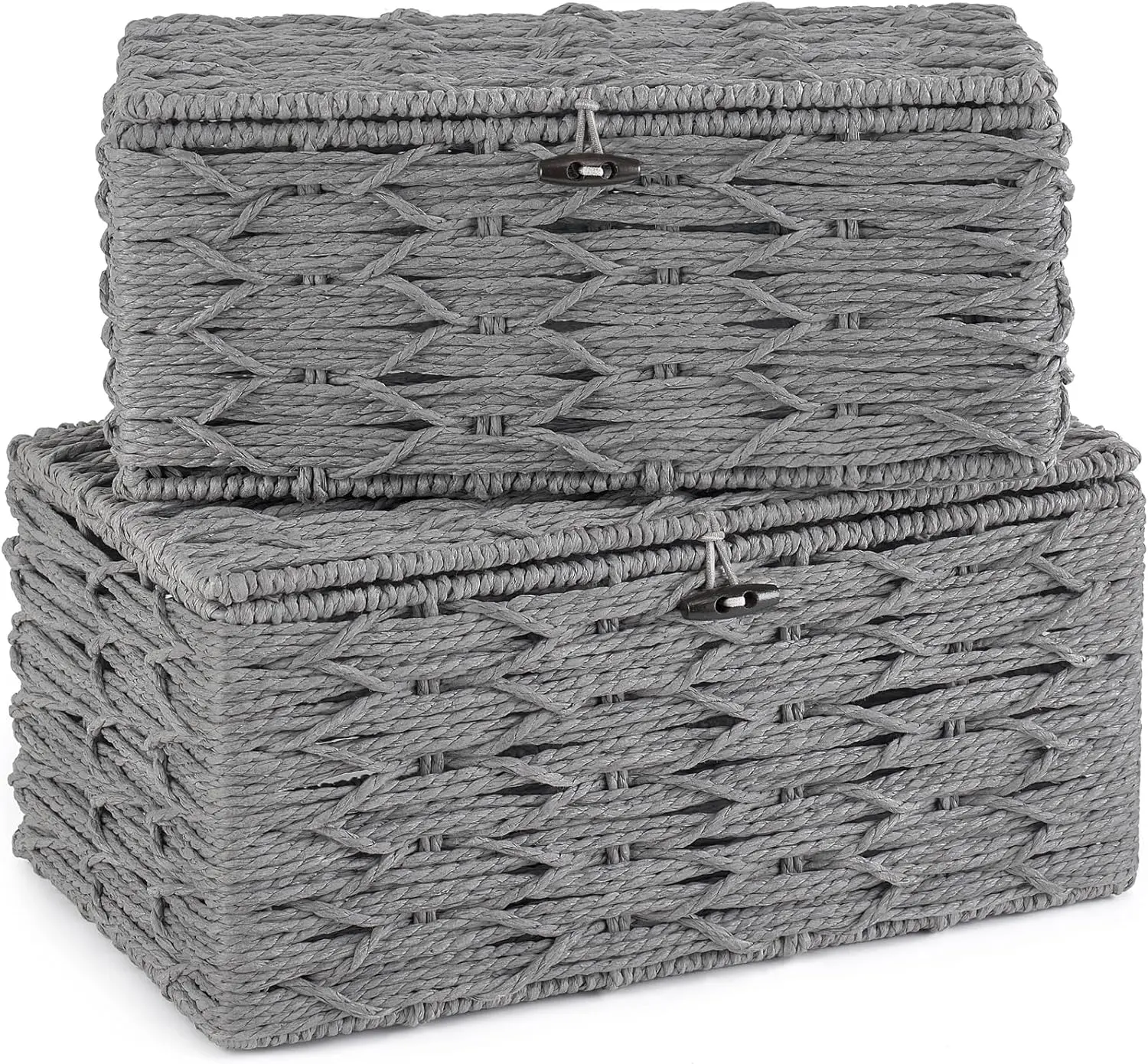 Storage Baskets Bin with Lid Decorative Paper Rope Handwoven Basket Organizer for Shelves Wardrobe Toilet Tank Top, Rectangular Wicker Home Decor Box for Bedroom Living Room, Set of 2, Grey