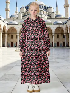 Muslim Children Hooded Robe, Bottom Rose Print Dress, Comfortable Slim-Fitting Casual Kids Clothing