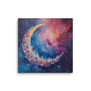 Crystal Moonrise – Cosmic Crescent Moon Art Print | Celestial Crystal Wall Art | Dreamy Galaxy Decor