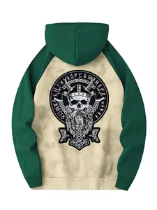 Men's Colorblock Drop Shoulder Fashion Hoodie, Comfortable Casual Daily Drawstring Hooded Sweatshirt, Viking Style Odin Skull Print