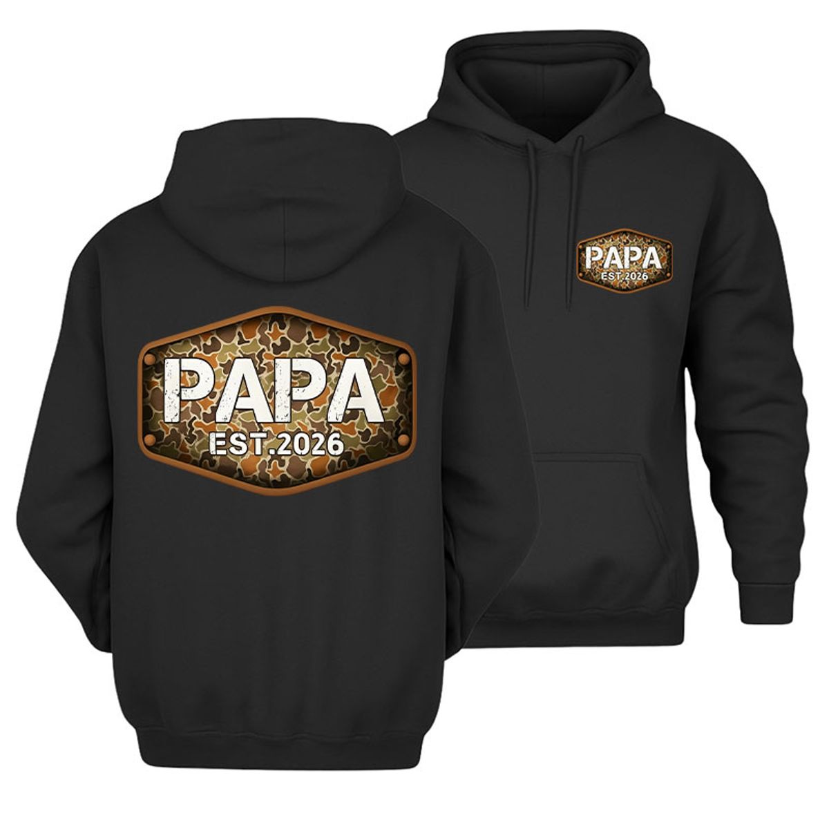 Papa Est.2026 Hoodie – Camo Patch Pullover, New Grandpa Gift, Rustic Outdoor Dad Clothing, Hunting Style Design, Expecting Dad Announcement Shirt, Unisex Long Sleeve Pullover Shirt