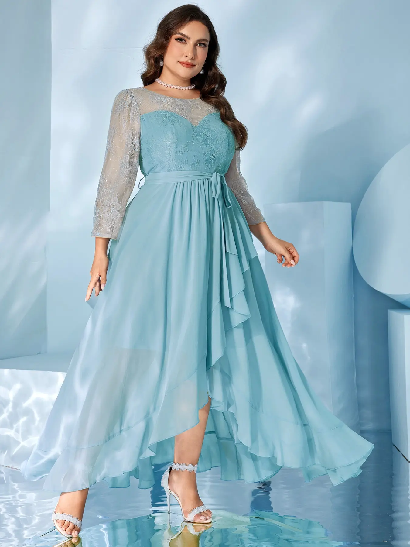 Elegant Lightweight Chic Chiffon Fitted Maxi Bridesmaid Party Dress, Round Neck Lace Long Sleeve Irregular Hem, Random Floral Cut, Women's Formal Gown Formal Wear
