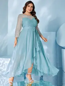 Elegant Chiffon Fitted Maxi Bridesmaid Party Dress, Round Neck Lace Long Sleeve Irregular Hem, Random Floral Cut, Women's Formal Gown