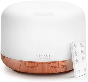 ASAKUKI 500ml Premium Essential Oil Diffuser with Remote Control 5 in 1 Ultrasonic Aromatherapy Humidifier Brown BPA Free 7 LED Lights Auto Shut Off Timer