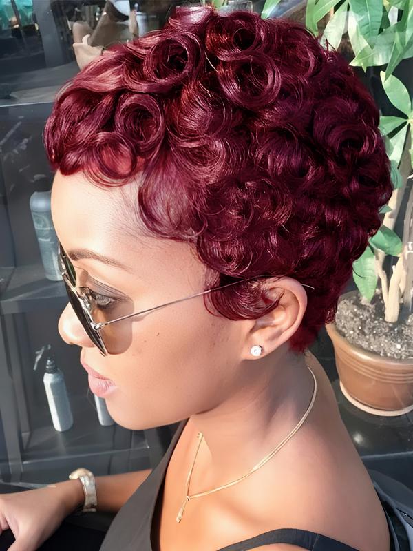 Curly Pixie Cut Wig Short Bob Wig for Women 100% Human Hair Wig 99J 4# Natural Color Finger Wave Full Machine Made Wig Pixie Wigs Wavy Wigs