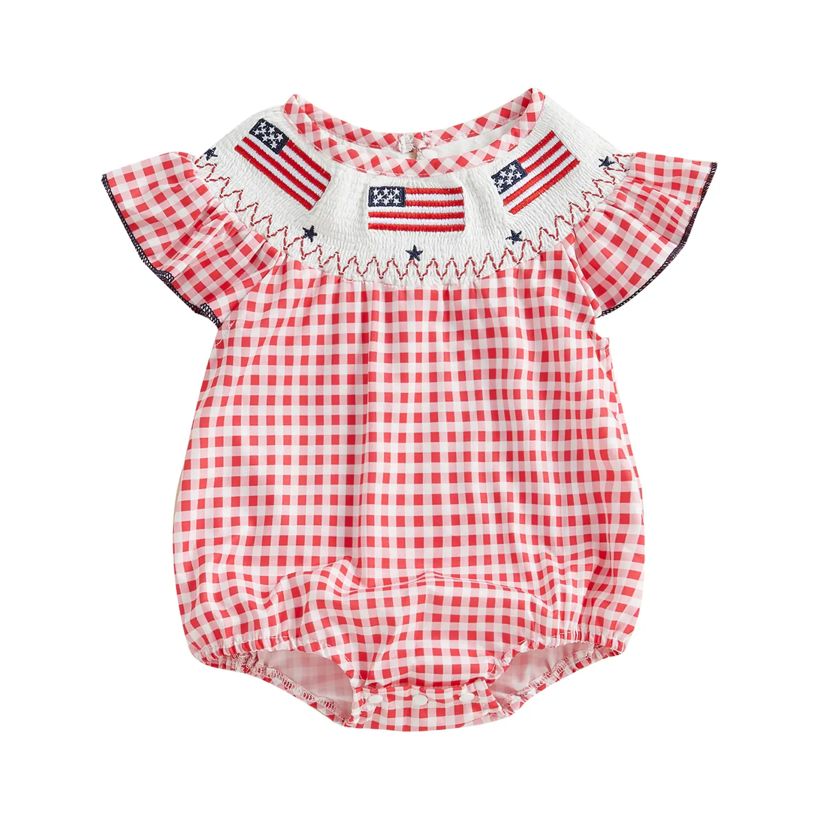 4th Of July Baby Girl Outfits Newborn Usa Flag Smocked Romper Infant Patriotic Plaid Print Buuble Onesie Toddler Summer T Shirt Independence Day Cloth