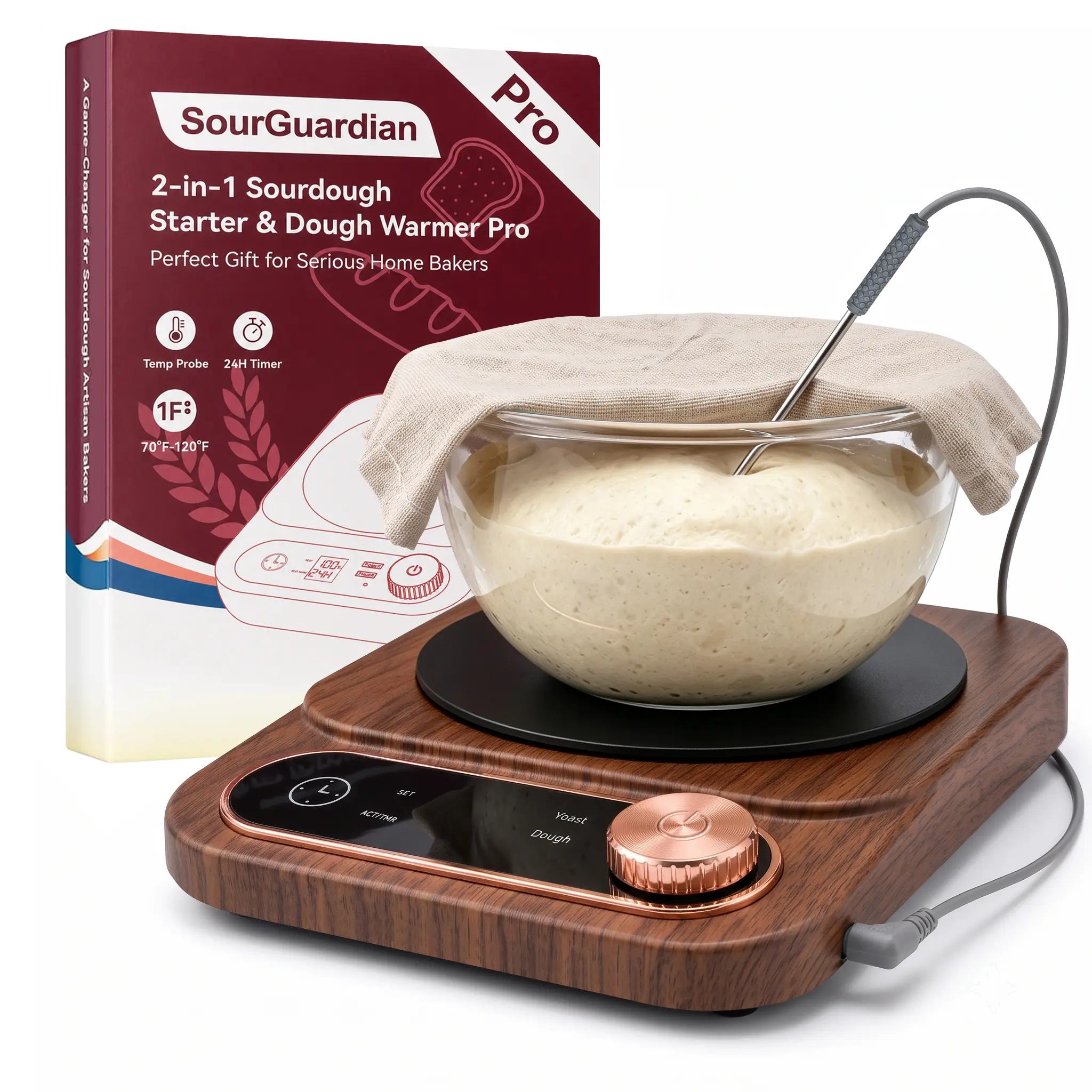 2026 Upgraded Sourdough Starter Warmer  with Internal Dough Temp Probe, 70-120°F Precise 1°F Control, 24H Timer & Auto Shut-Off, Fits 5Qt Bowls & Jars,