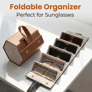 Luxury Foldable Sunglasses Organizer Case for Travel, Portable Leather Eyeglass Storage Box with Handle, Multi Slot Glasses Display Holder for Women Men, Space Saving Eyewear Organizer