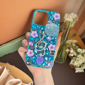 Musical Note Flower Teal Blue Rhinestone Smartphone Casing - Sparkling Protective Cellphone Accessory for iPhone 16,15,14 Plus,Pro Max & Handheld Device Models Including S25 Ultra