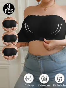 3PCS Elegant Wave Edge Bralette, Front Buckle Design, Invisible Seamless Breathable Side Ruching, Full Coverage Medium Support, Summer Essential