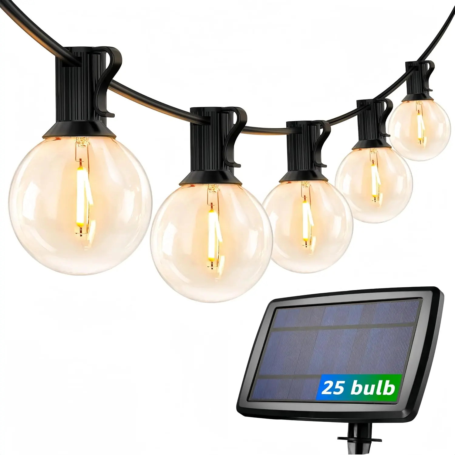 Lepro Solar Outdoor String Lights, 25ft 25 Sockets LED Globe Bistro Lights | 0.8ft Apart Close-Spaced, Solar & USB Rechargeable 3600mAh Battery, Dusk to Dawn, G40 Edison Lights for Patio, Pergola, Deck