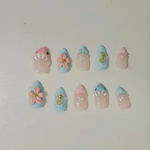 Press On Nails Summer Unique Shark Flower Shell Pink Blue Trendy Seahorse Solid Design Manicure Made Easy Quick Stylish Update