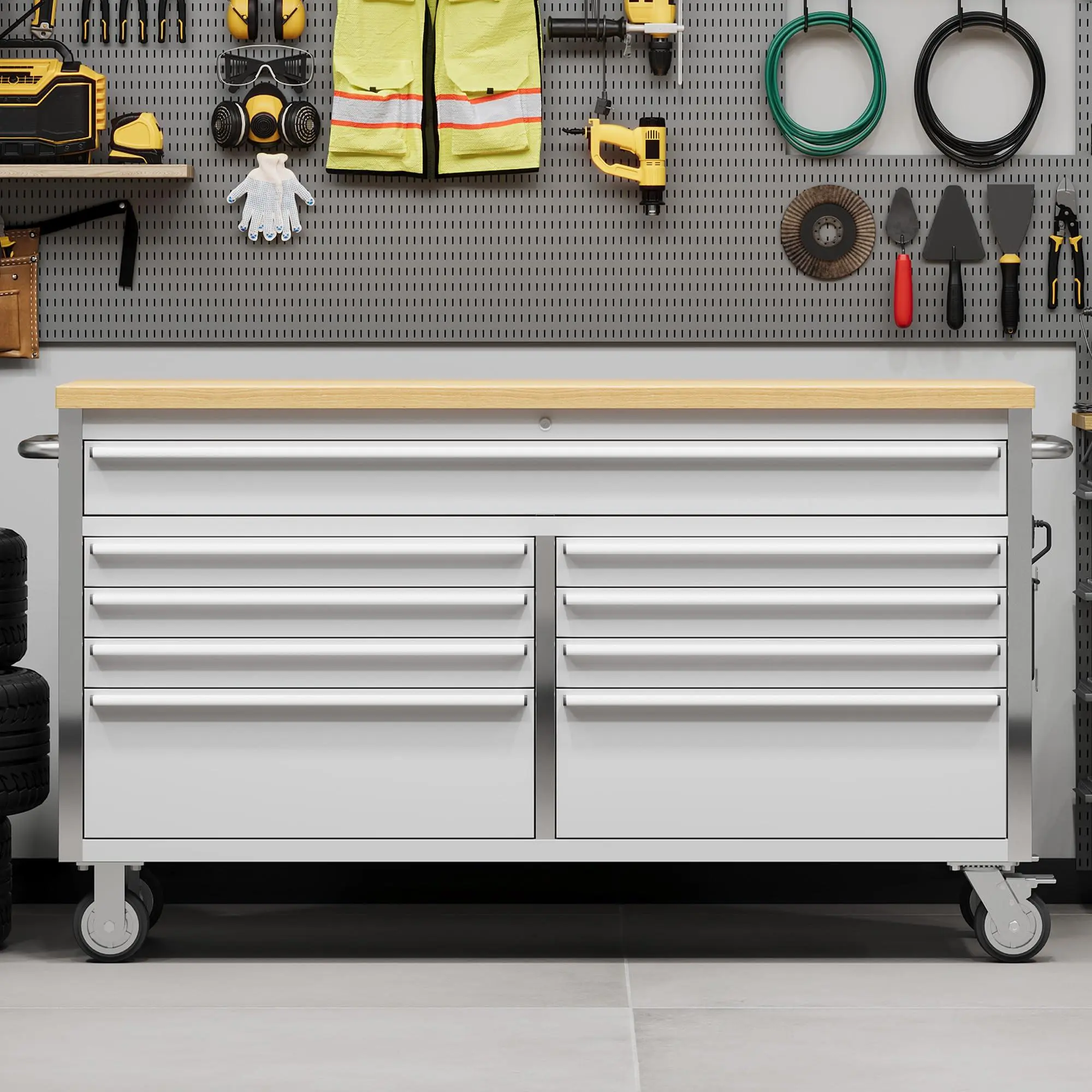 61 Inch Rolling Tool Chest Workbench with Solid Wood Top, 9 Drawer Lockable Tool Storage Cabinet on Wheels, Heavy Duty Mobile Tool Box Cart for Garage, Workshop and Repair Shop