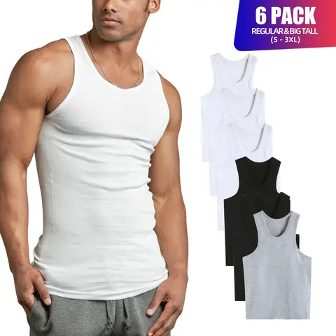 Men's 6-Pack 100% Cotton Lightweight Ribbed Underwear Tank Tops, Sleeveless Plain Classic Breathable Workout Tank Tops for Regular/Big & Tall, S-3XL Menswear
