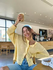 Women's Solid Color Single Button Hollow Out Casual Versatile Commute Long Sleeve Open Front Cardigan, Lightweight Breathable Mesh Knit Sweater