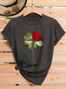 Women's Four-Leaf Clover Pattern Printed T-Shirt, Soft Stretch Fabric Round Neck Short Sleeve Top, Casual Fit Everyday Summer Spring Tee, Womenswear