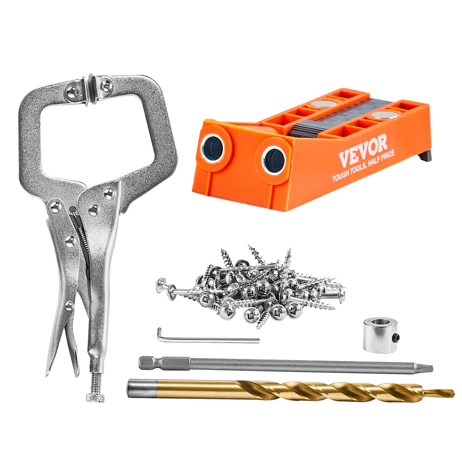 【Summerfinds】VEVOR Pocket Hole Jig Kit56 Pcs Mini Pocket Hole System with 9" C-ClampAdjustable Depth Step DrillWrenchSquare Drive BitDrill Stop Ring & Screwsfor DIY CarpentryBuilding Chairs, Pocket Hole Jig Kit