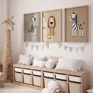 3 Pieces Modern Nordic Cartoon Wildlife Art, Lion Giraffe Zebra Monkey Wall Mural, Childlike Home Art, Kids Gallery Decor, Bright Tone Painting, Wall Decor for Kids Room and Playroom, Framed or Unframed Options Available.