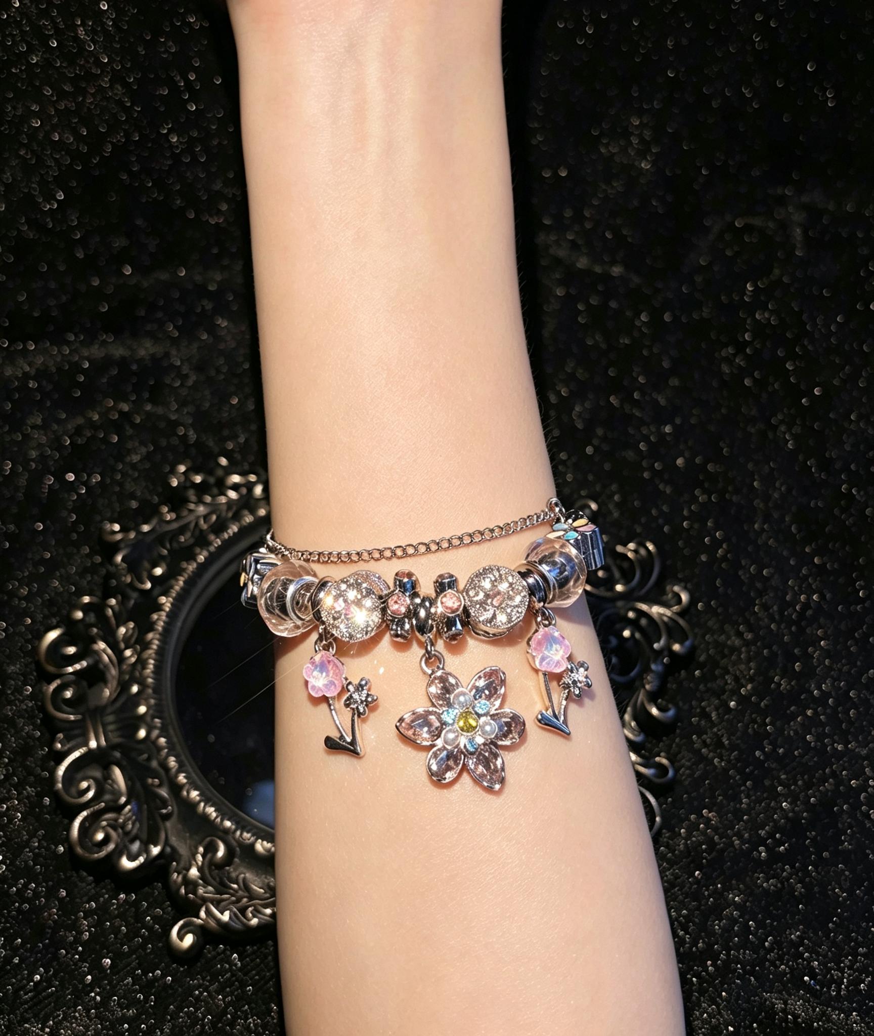 Women's Silver-Tone Snake Chain Charm Bracelet - Colorful Rhinestone Floral Dangle Charms, Crystal Beaded Costume Jewelry Gift for Teen Girls