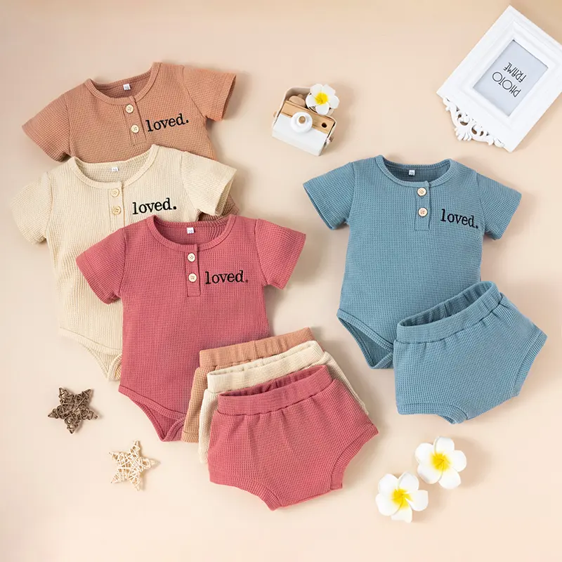 2 Pcs Newborn Waffle Outfits, Baby Girls Letter Pattern Short Sleeve Round Neck Bodysuit + Solid Color Shorts